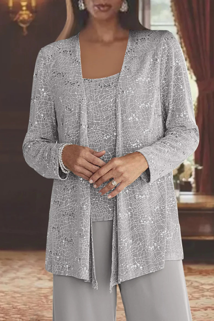 Elegant Women's Sequin Lace Jacket and Wide Leg Trouser Suit for Special Occasions 2