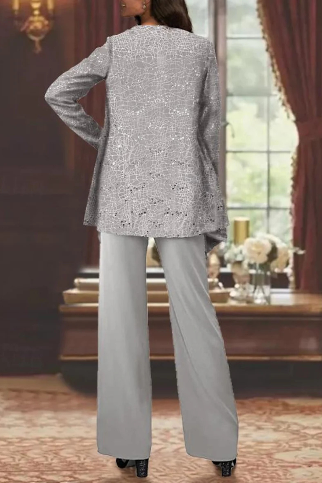 Elegant Women's Sequin Lace Jacket and Wide Leg Trouser Suit for Special Occasions 3
