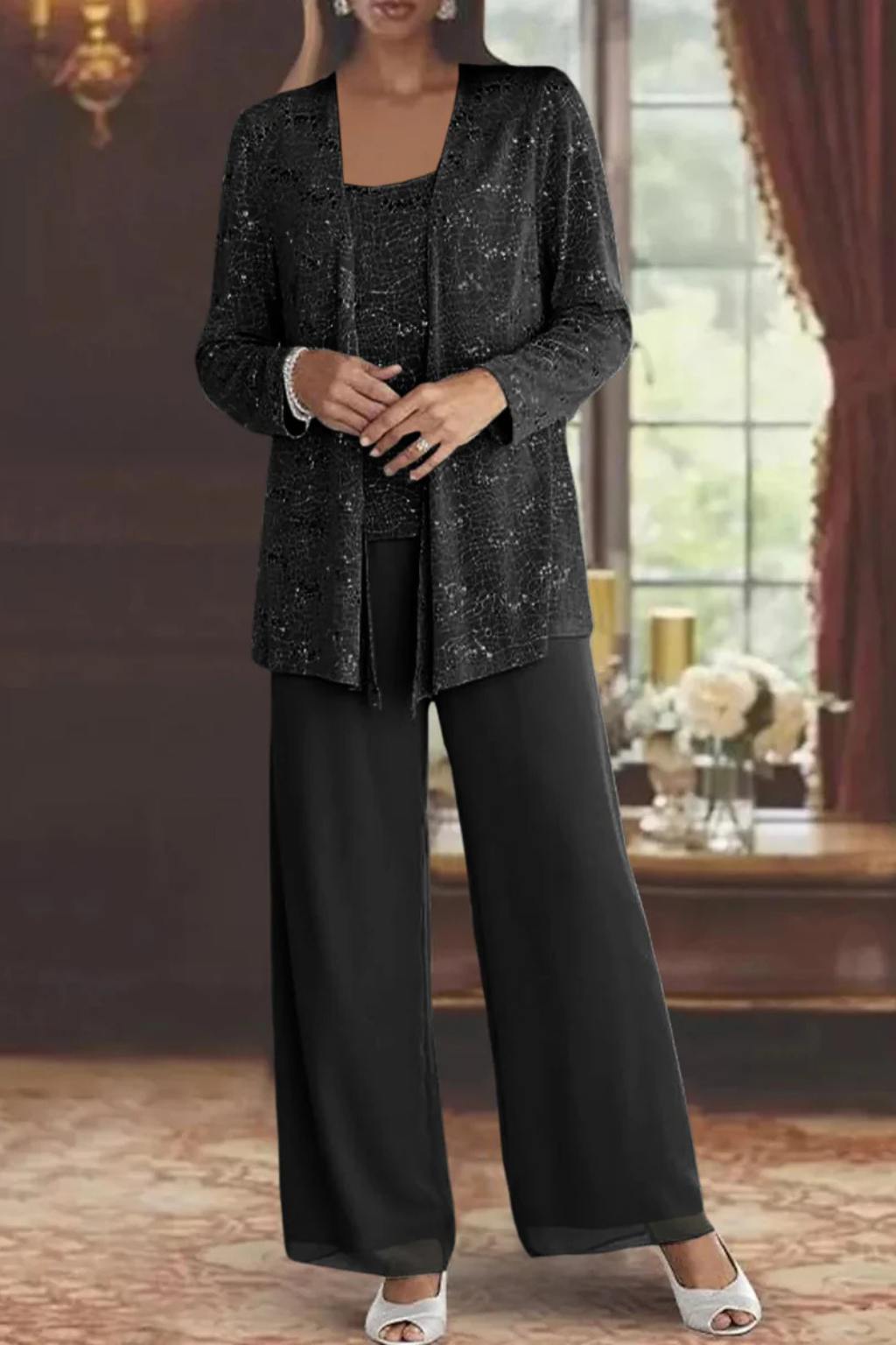 Elegant Women's Sequin Lace Jacket and Wide Leg Trouser Suit for Special Occasions 5