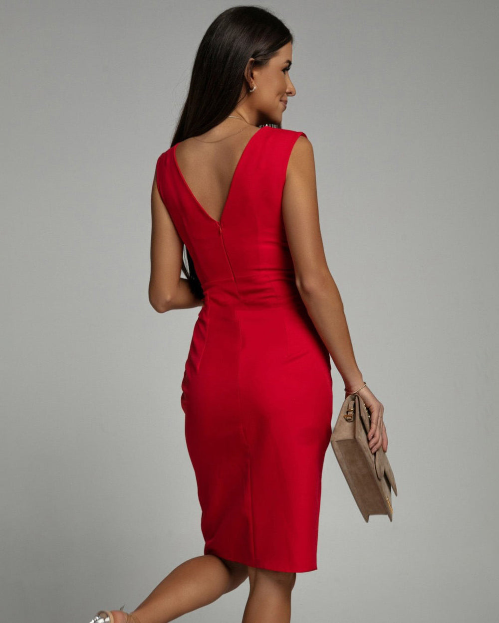Elegant Women's White Midi Dress with Defined Waist and Slender Split for Formal Occasions 1