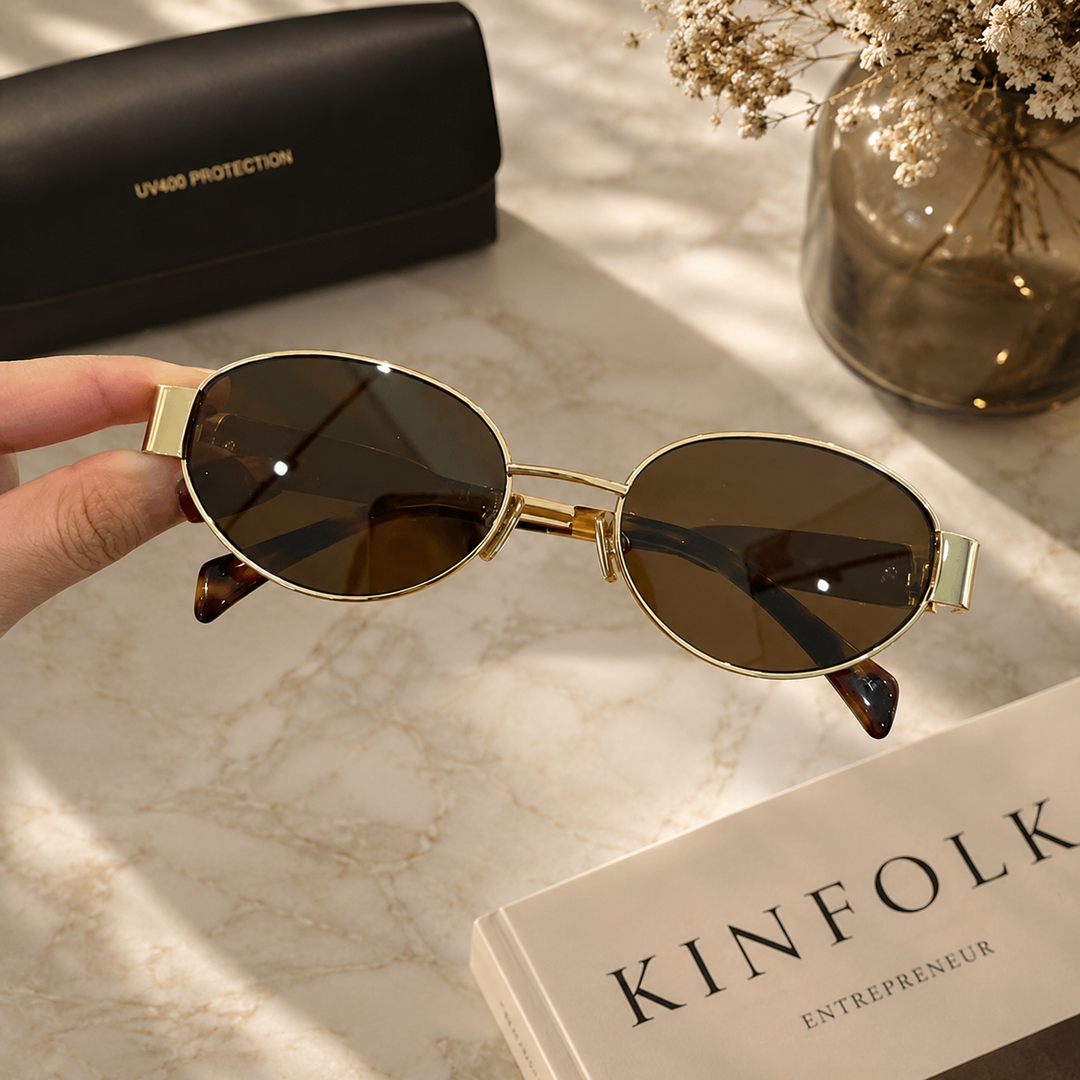 Women’s Oval Metal Frame Sunglasses for Minimalist Style - Chic Dark Tinted Lenses for Sun Protection