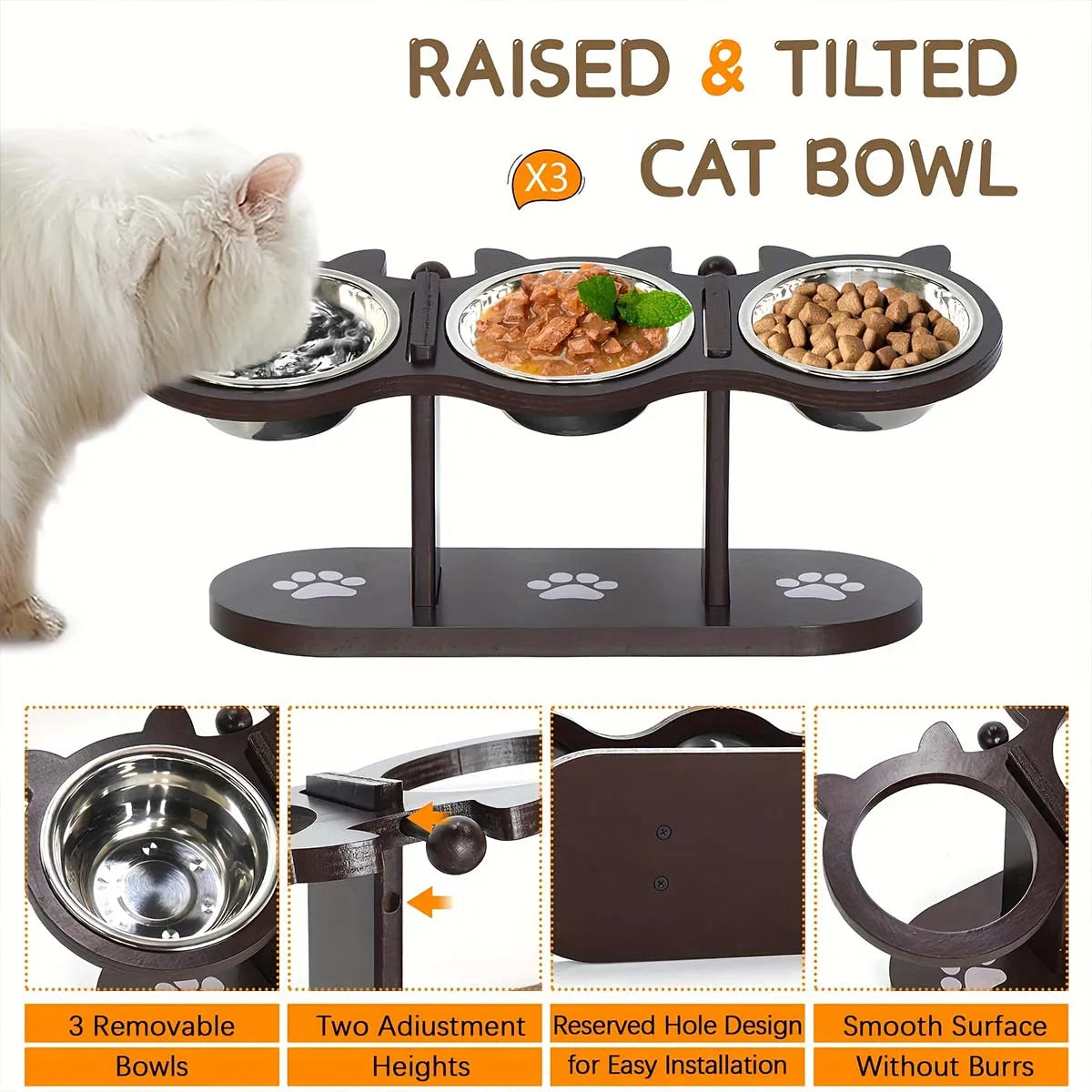 Elevated cat bowl with 3 stainless steel bowls 1