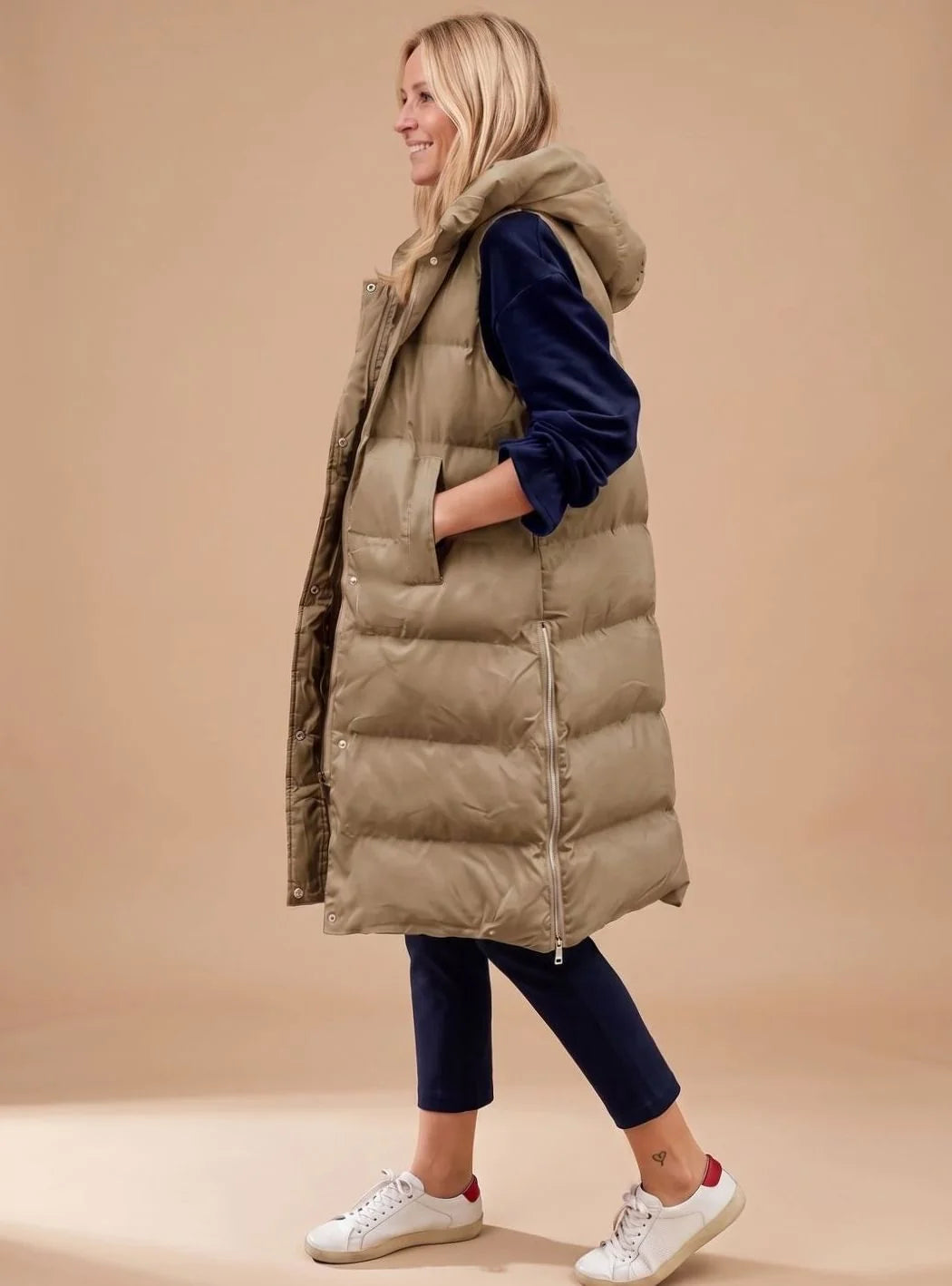 Elfriede | Bodywarmer Damen Langer Gesteppter Kapuzen-Steppweste 3