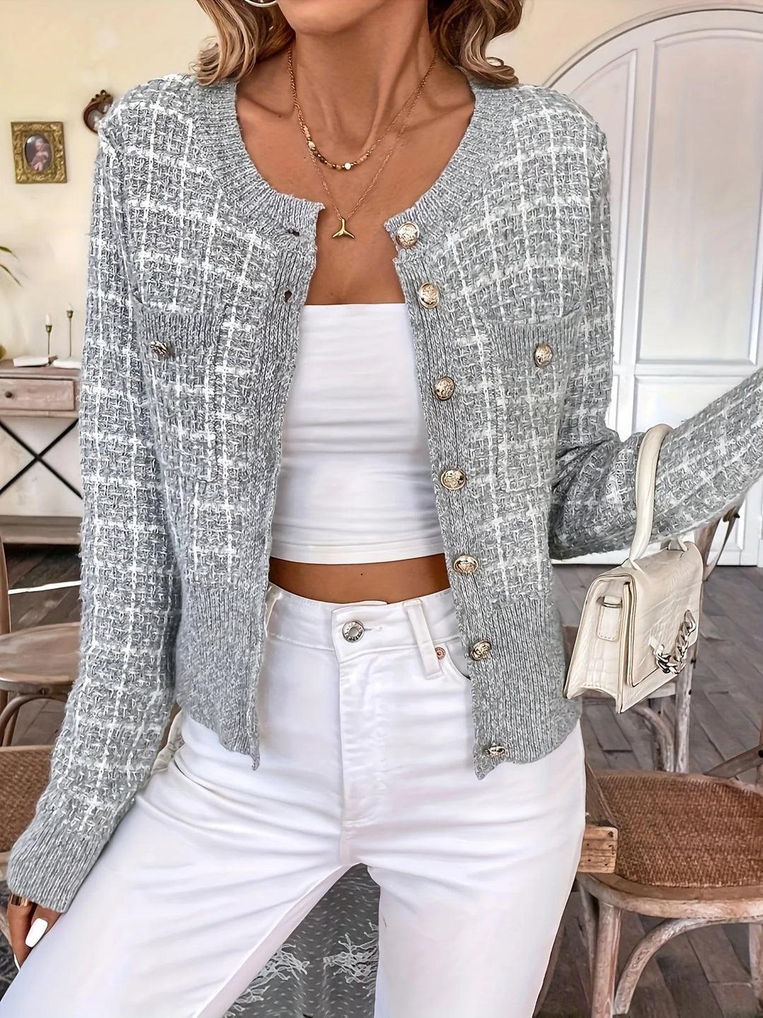 Elisa | Damen Modische Kurz-Strickjacke aus Tweed-Material 7