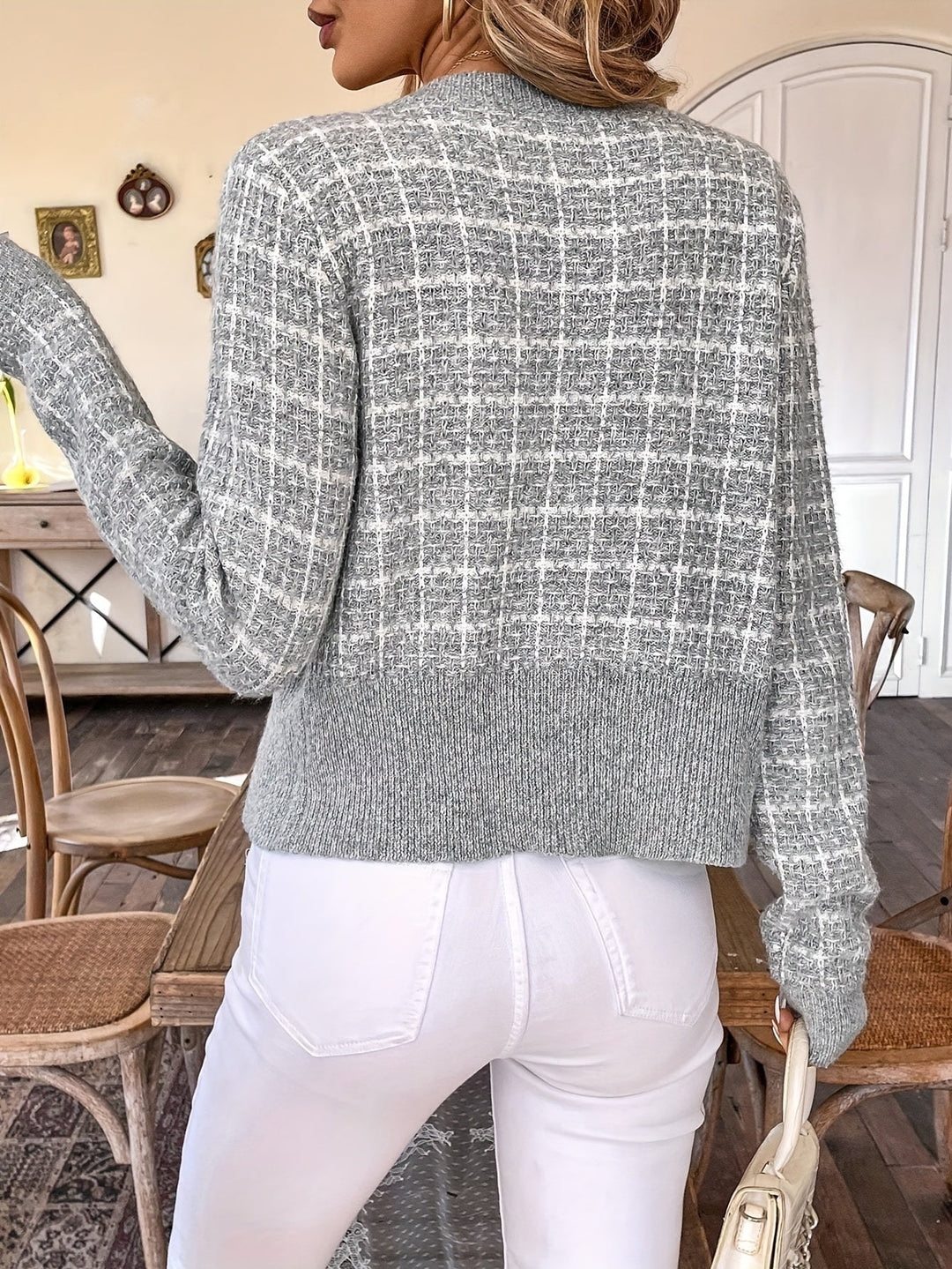 Elisa | Damen Modische Kurz-Strickjacke aus Tweed-Material 8