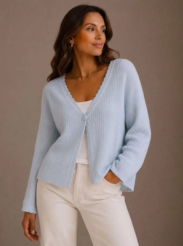 Elisabeth | Damen Strick-Cardigan V-Ausschnitt Einknopf Wellenkante 0