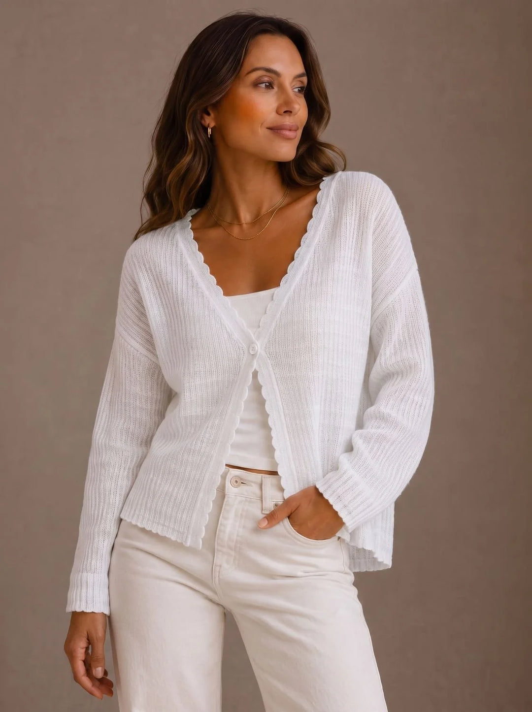 Elisabeth | Damen Strick-Cardigan V-Ausschnitt Einknopf Wellenkante 1