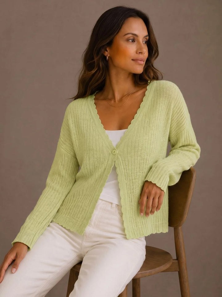 Elisabeth | Damen Strick-Cardigan V-Ausschnitt Einknopf Wellenkante 2