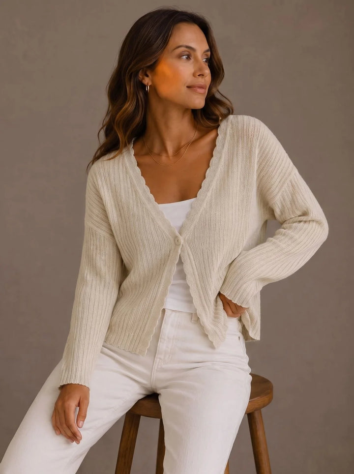 Elisabeth | Damen Strick-Cardigan V-Ausschnitt Einknopf Wellenkante 6
