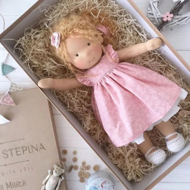 Elise | Handmade Waldorf Plush Doll – Soft Cotton Toy with Fabric Box | Sweet & Snuggly | For Children’s Birthday & Daily Fun 18
