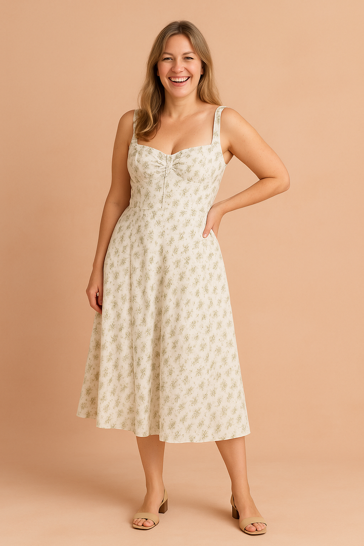 Ewa | Floral midi dress with a slit and ruffle at the bust 2