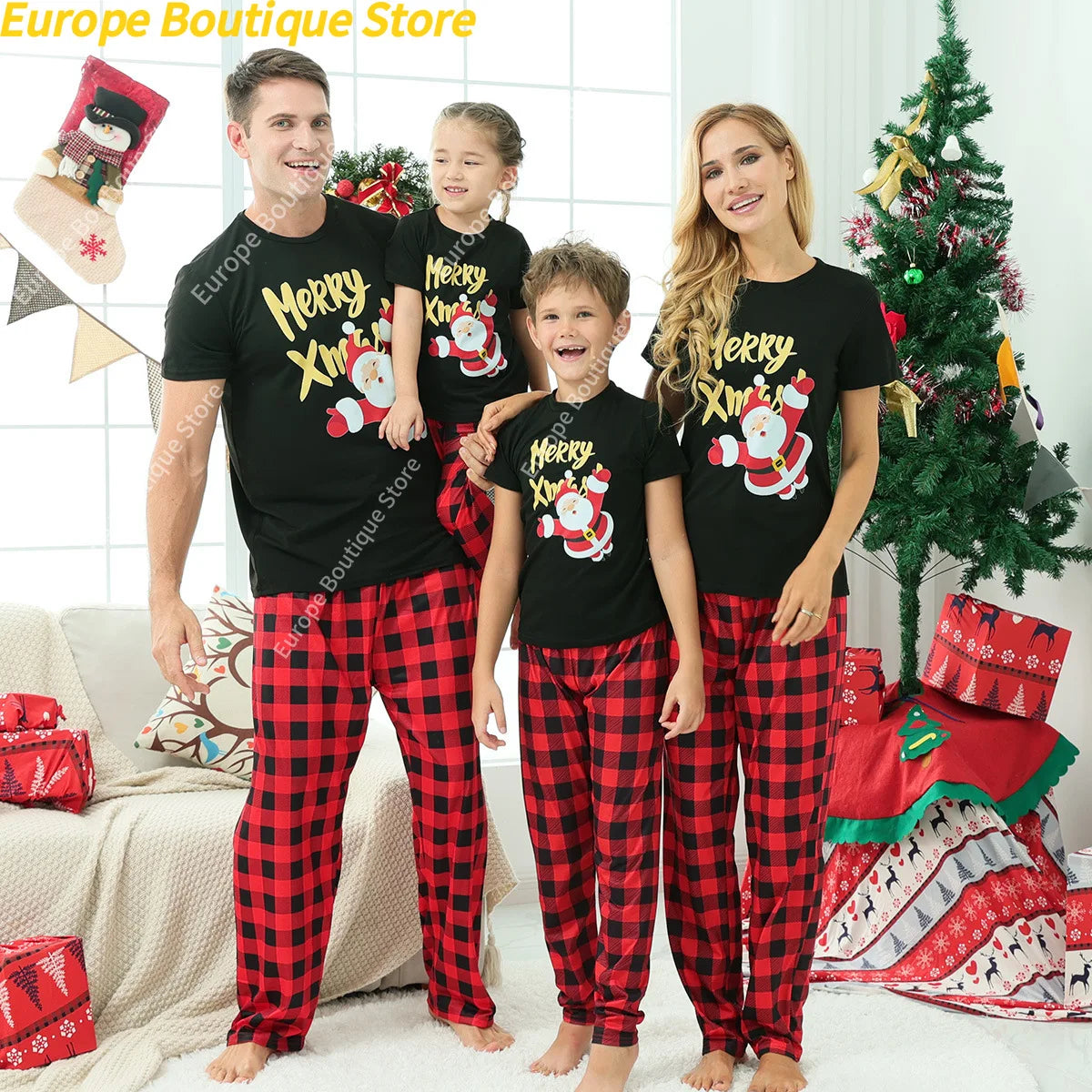 Family Matching Christmas Pajamas Set Short Sleeve Cotton Sleepwear 1