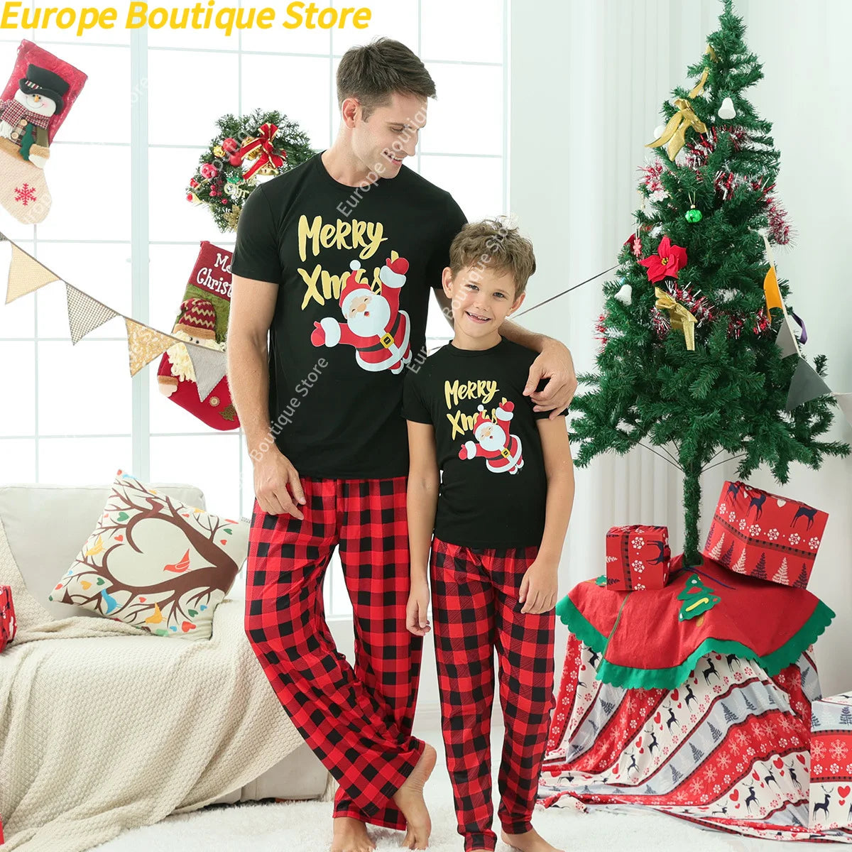 Family Matching Christmas Pajamas Set Short Sleeve Cotton Sleepwear 2