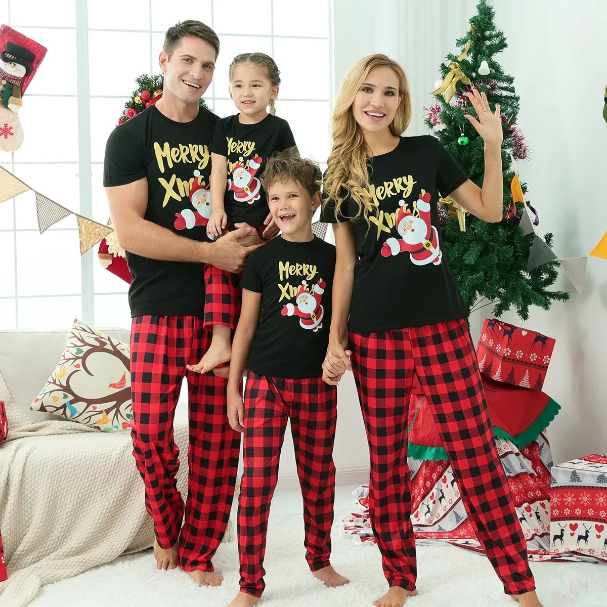 Family Matching Christmas Pajamas Set Short Sleeve Cotton Sleepwear 6
