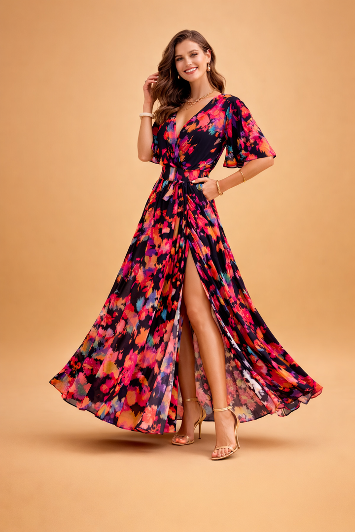 Letizia | Robe maxi fluide avec ceinture et fente