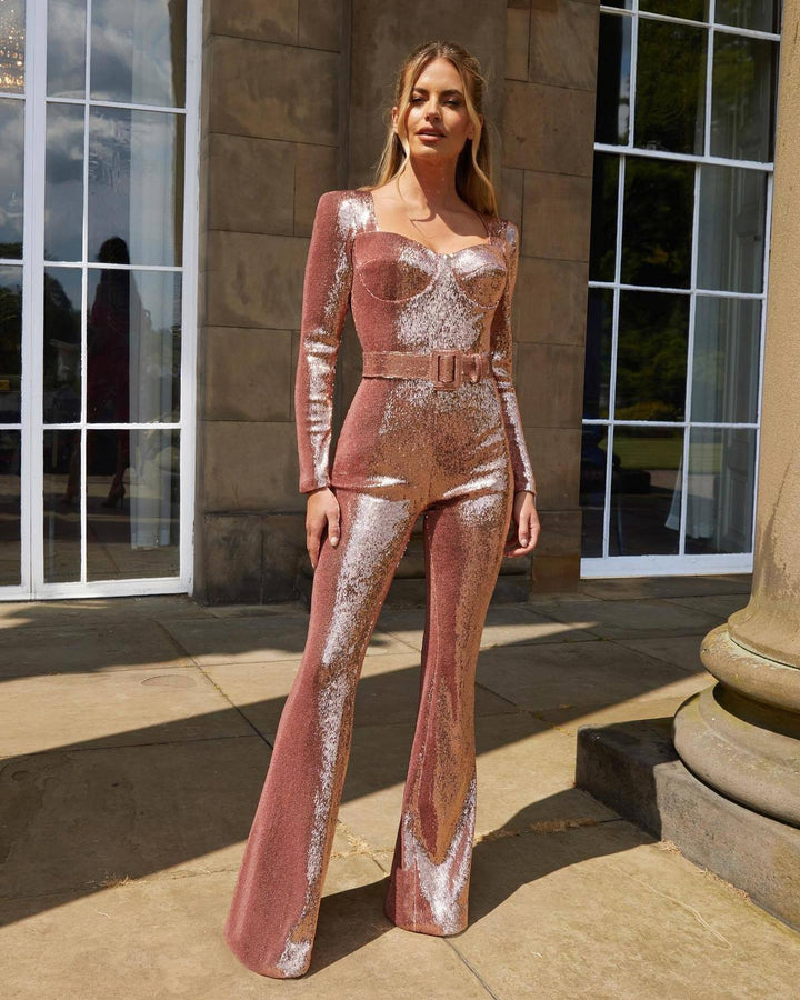 Glittering evening jumpsuit with belt for women | New Year 2