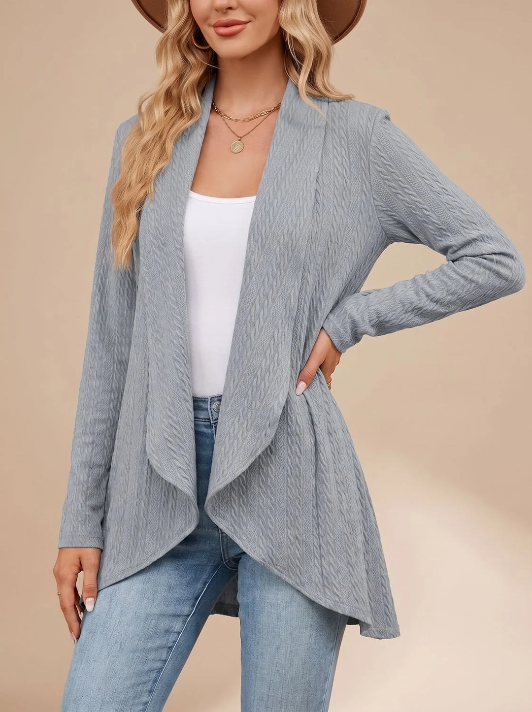Greta | Damen Langarm Strickjacke Offene Front Kabelstruktur Hüftlang 4