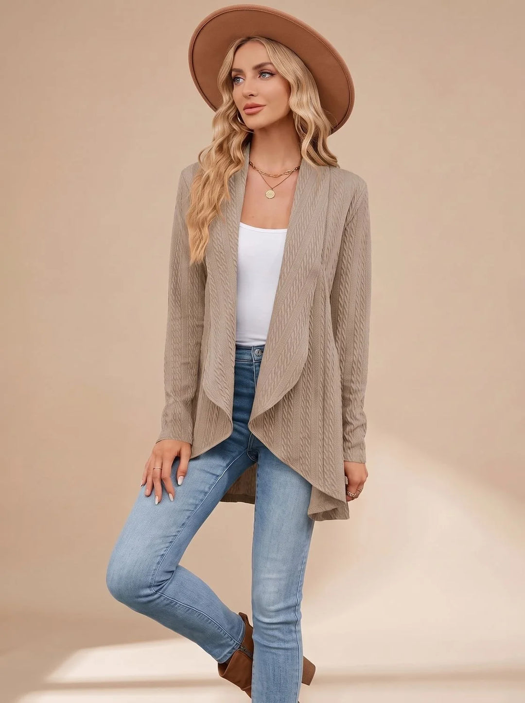 Greta | Damen Langarm Strickjacke Offene Front Kabelstruktur Hüftlang 5