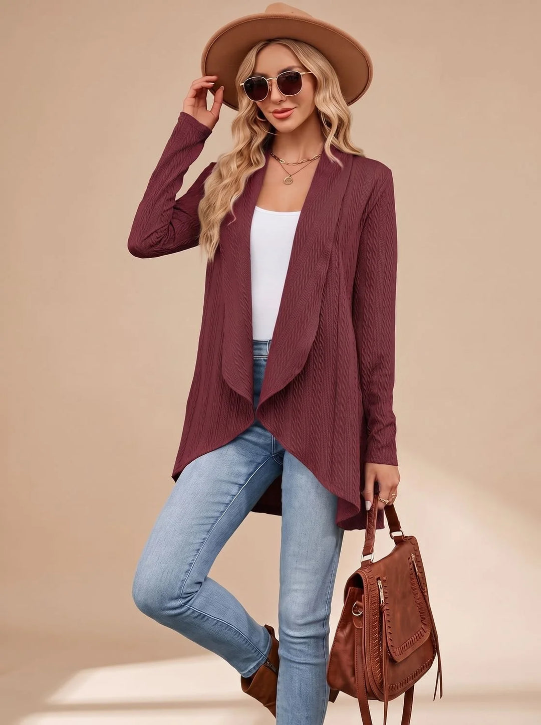 Greta | Damen Langarm Strickjacke Offene Front Kabelstruktur Hüftlang 6