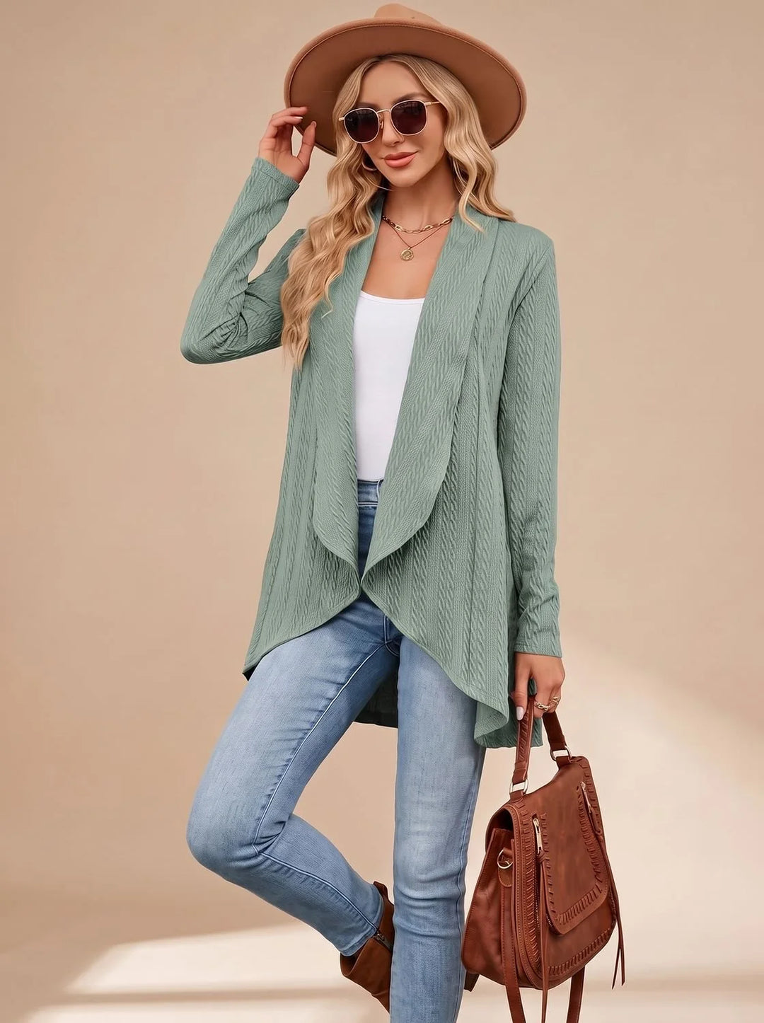 Greta | Damen Langarm Strickjacke Offene Front Kabelstruktur Hüftlang 8