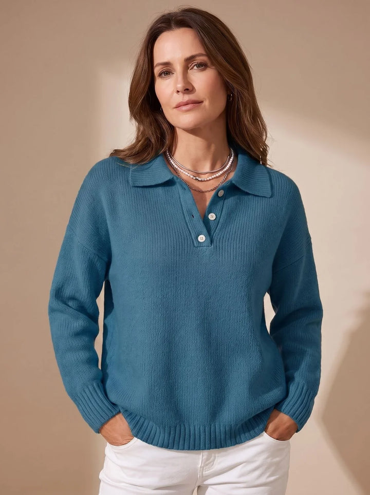 Greta | Damen Polo-Pullover Langarm Strick mit Knopfleiste 1