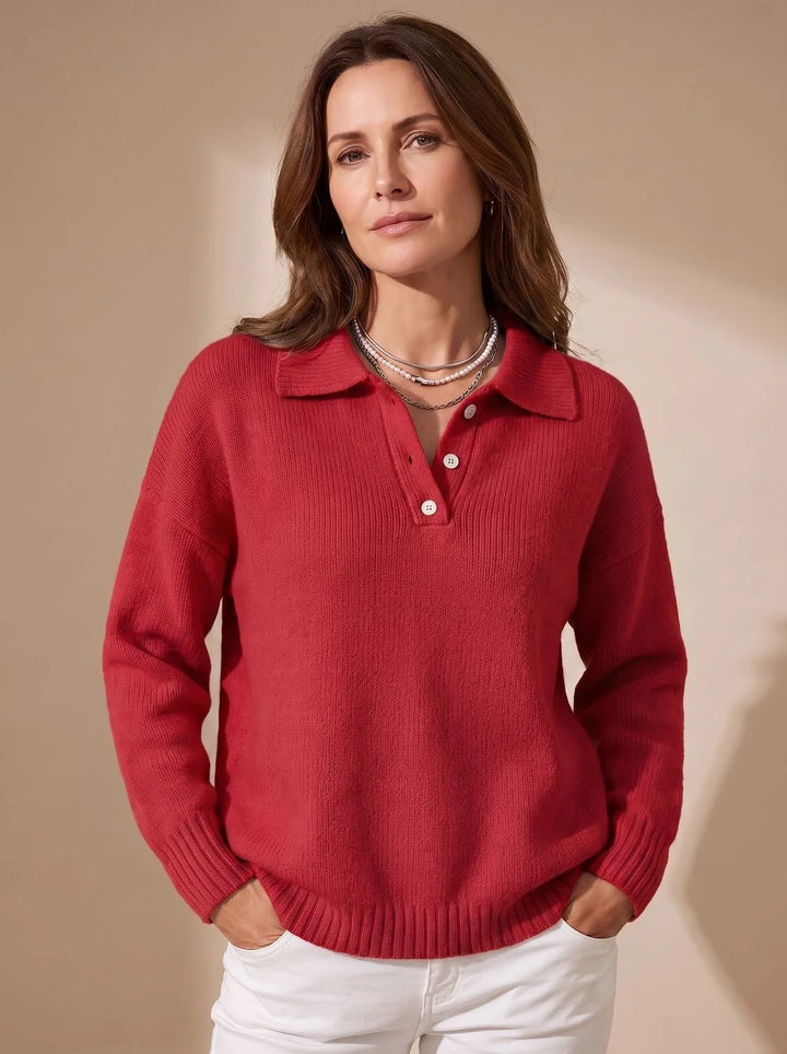 Greta | Damen Polo-Pullover Langarm Strick mit Knopfleiste 2