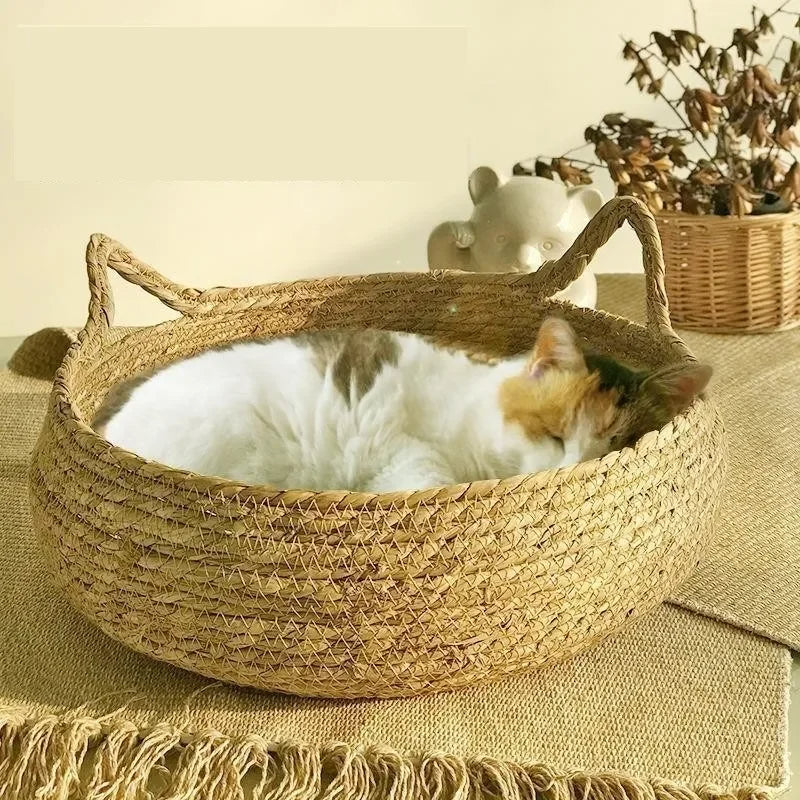 Handwoven cat bed with seasonal cushion 0