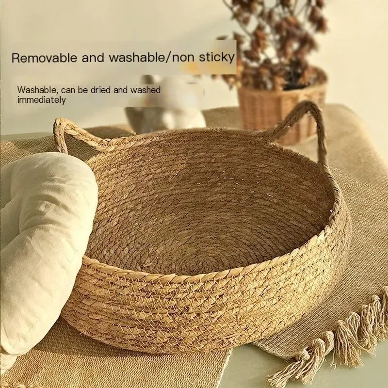 Handwoven cat bed with seasonal cushion 1