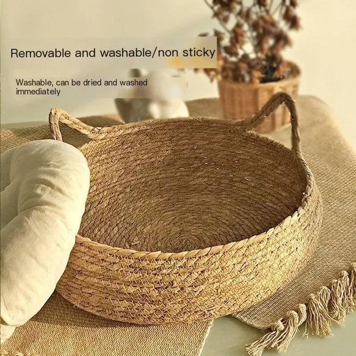Handwoven cat bed with seasonal cushion 1