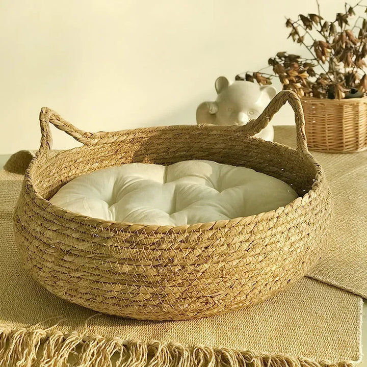 Handwoven cat bed with seasonal cushion 2