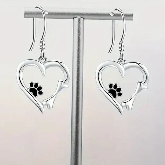 Heart and paw earrings – silver with black enamel 0