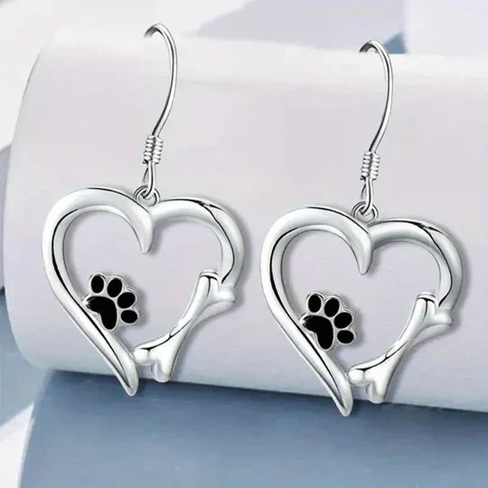 Heart and paw earrings – silver with black enamel 2
