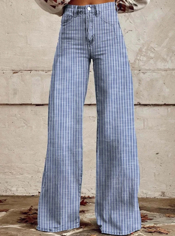 High-Waisted Wide-Leg Jeans for Women with Modern Striped Design 0