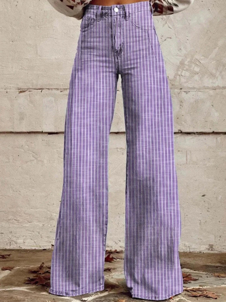 High-Waisted Wide-Leg Jeans for Women with Modern Striped Design 1