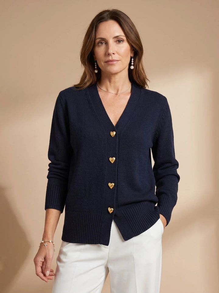 Katharina | Damen Strickjacke V-Ausschnitt Langarm Cardigan Goldene Herz-Knöpfe 0