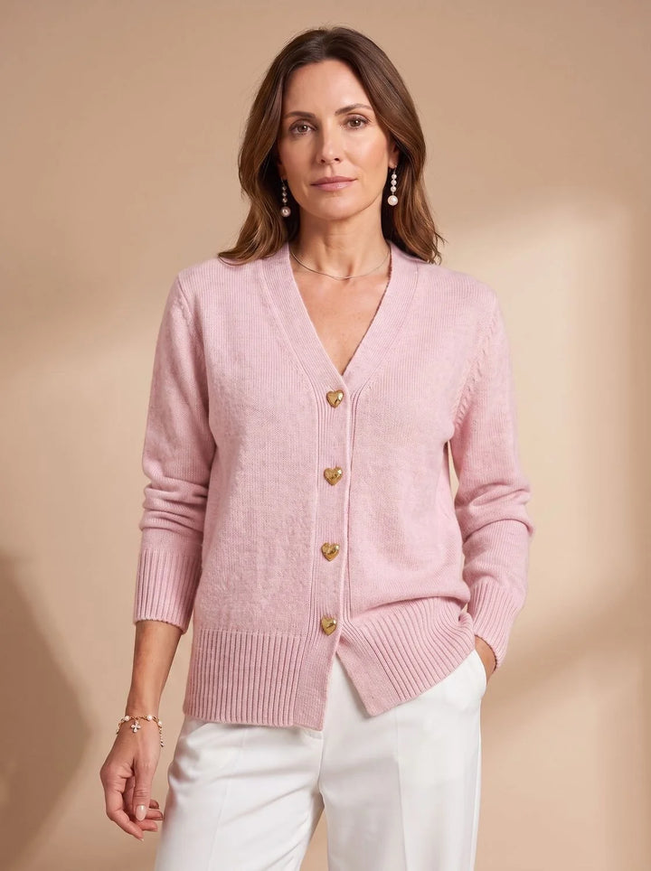 Katharina | Damen Strickjacke V-Ausschnitt Langarm Cardigan Goldene Herz-Knöpfe 2