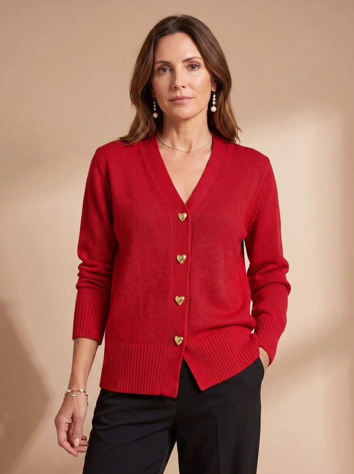 Katharina | Damen Strickjacke V-Ausschnitt Langarm Cardigan Goldene Herz-Knöpfe 5