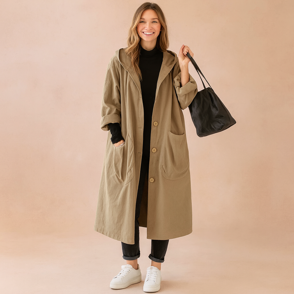 Kinga | Loose coat with hood and pockets 0