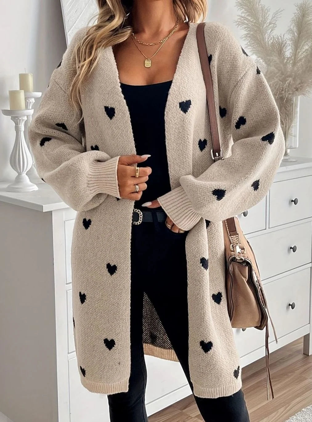 Lena | Damen Strickjacke mit Herzchenmuster Offene Front Oversized Cardigan 0