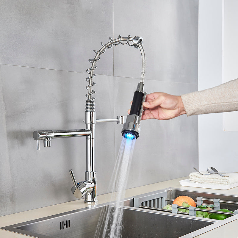 LumiFlow Spring Faucet – Chrome LED Kitchen Faucet with a Flexible Spring Spout and Colour-Changing Technology, featuring a Single Handle design for your kitchen sink. 1