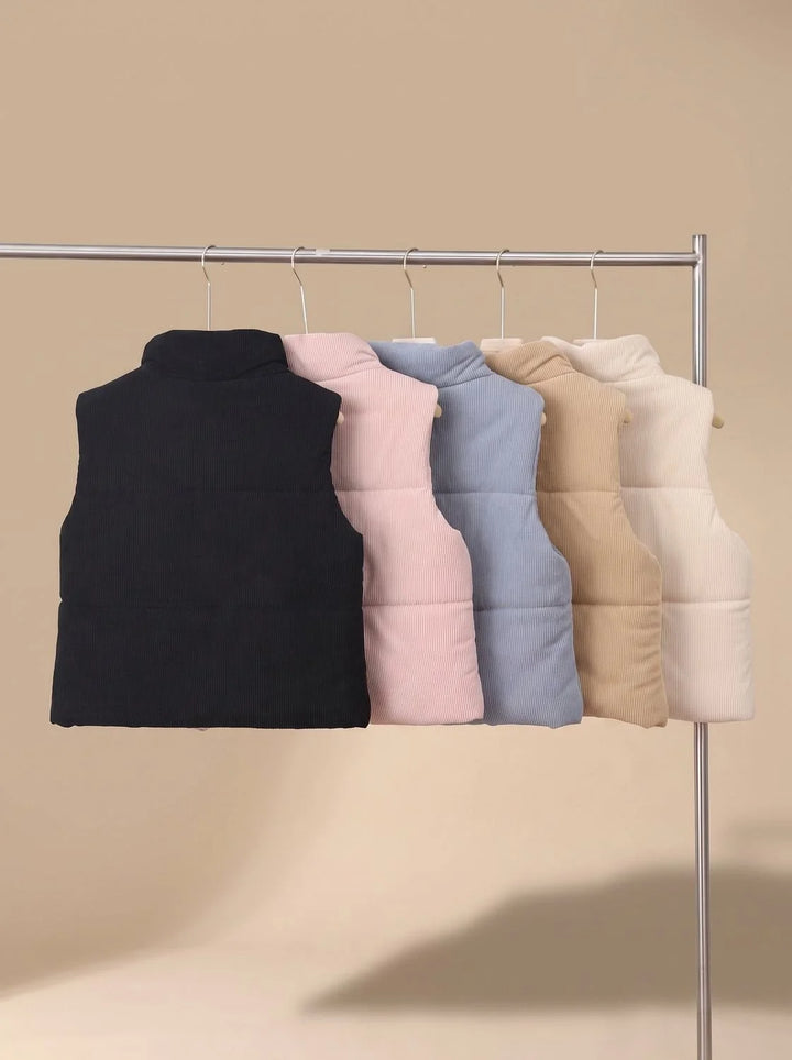 Marie | Damen Corduroy-Steppweste Kurzer Bodywarmer mit Stehkragen Druckknopf 4