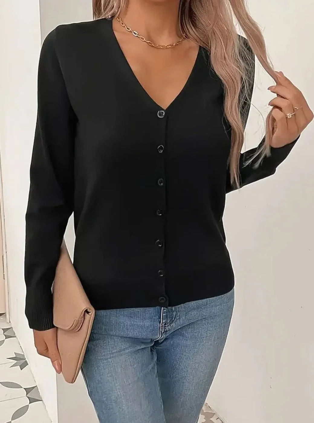 Marlene | Strickjacke Damen V-Ausschnitt Knopfleiste Langarm Cardigan 7