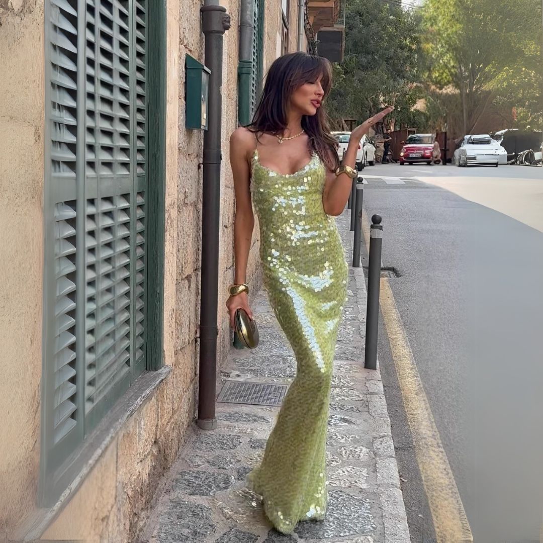 Maxi dress for women with sequins | Green | New Year 0