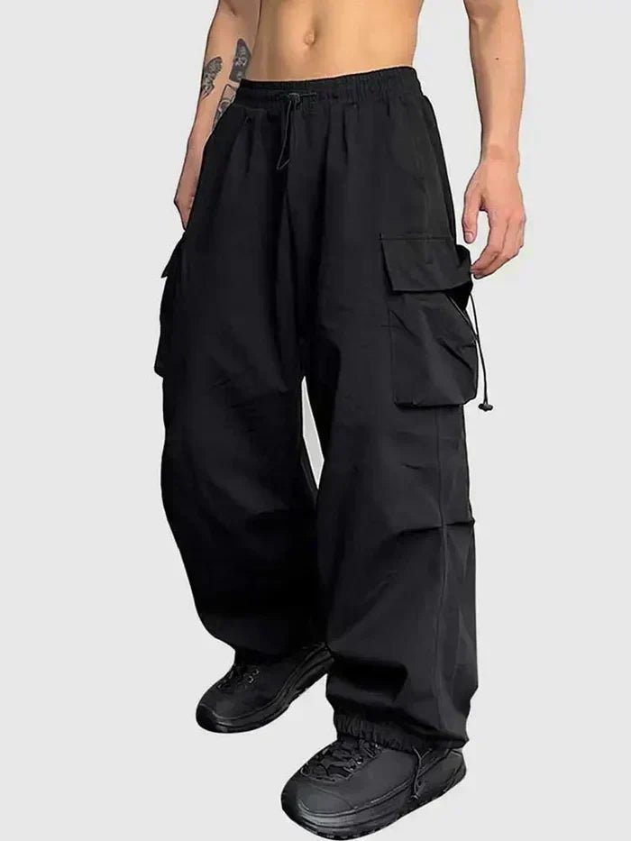 Men's Cargo Trousers - Black Wide-Leg Design with Elastic Waistband & Adjustable Ankles for Comfort and Style 0