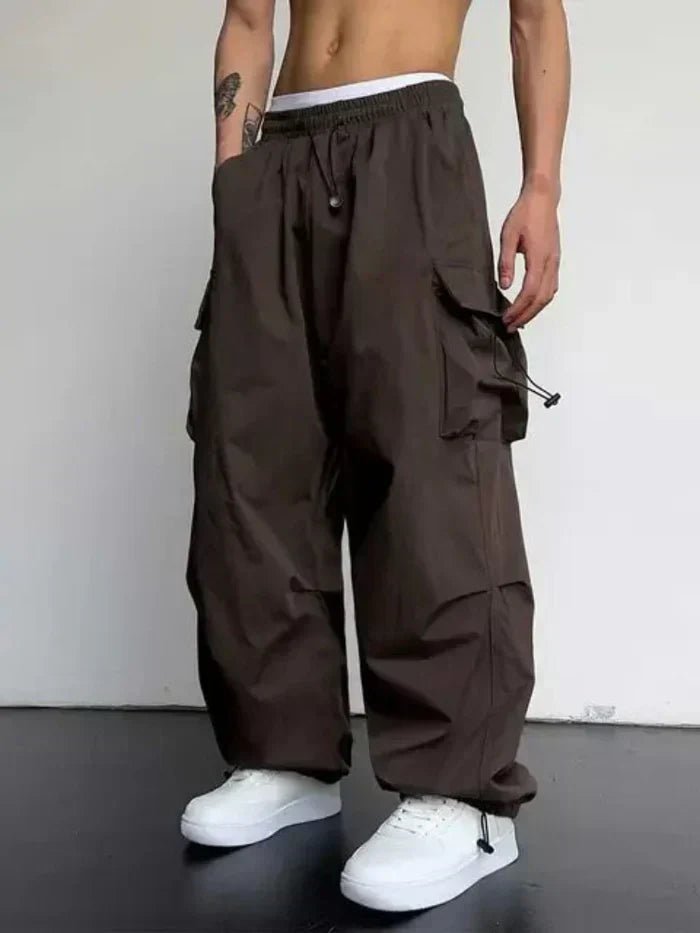 Men's Cargo Trousers - Black Wide-Leg Design with Elastic Waistband & Adjustable Ankles for Comfort and Style 1