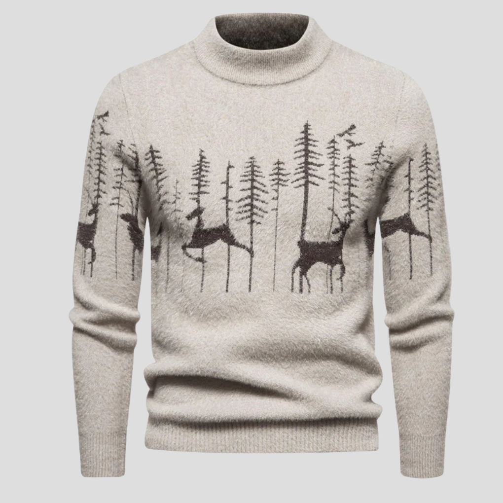 Men's Christmas Sweater with Reindeer and Forest Motif | Cozy Winter Knit Pullover 0