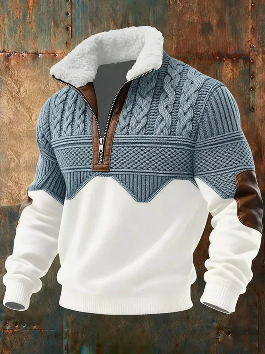 Men's Half Zip Sweater with Fleece Collar, Color Block Design for Autumn Winter 0