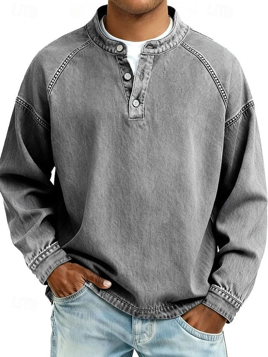 Men's Retro Henley Sweater with Raglan Sleeves and Vintage Wash for Casual Comfort 0