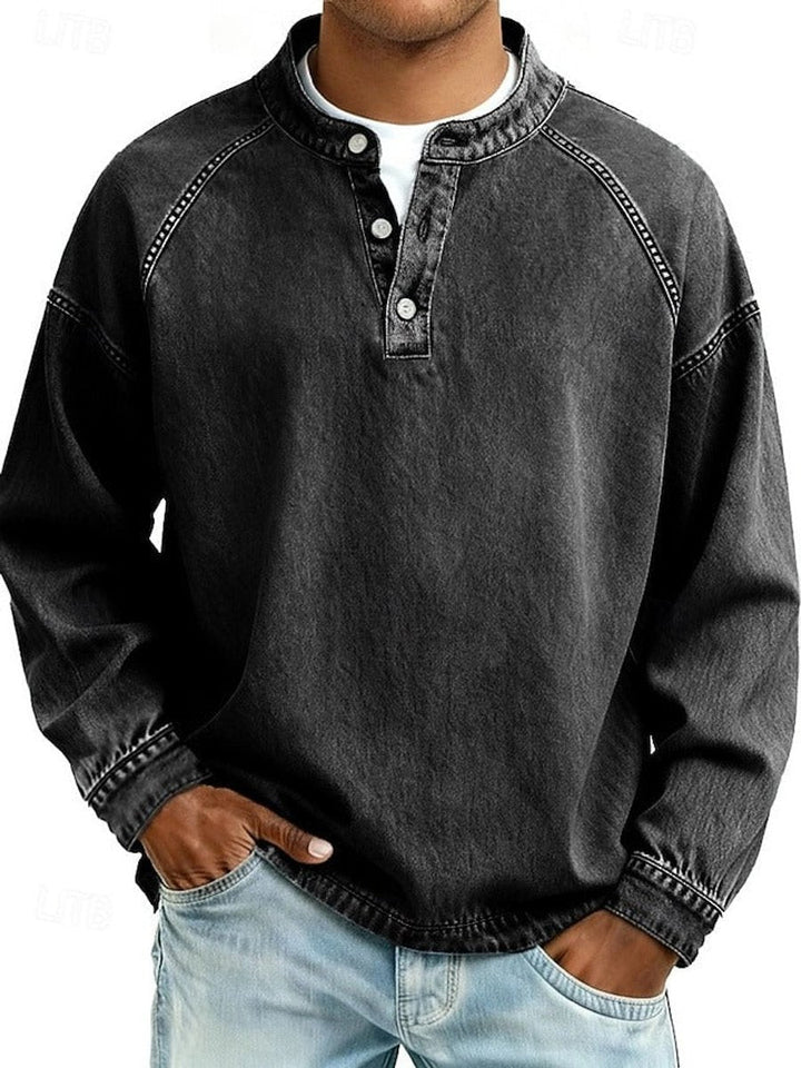 Men's Retro Henley Sweater with Raglan Sleeves and Vintage Wash for Casual Comfort 1