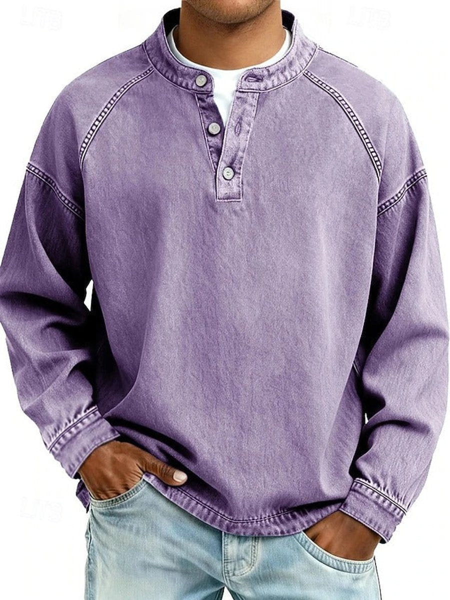 Men's Retro Henley Sweater with Raglan Sleeves and Vintage Wash for Casual Comfort 3